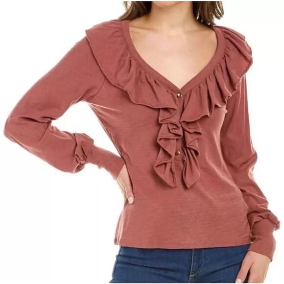 nation Itd lalita ruffle pima cotton top mauve size medium - Picture 1 of 7